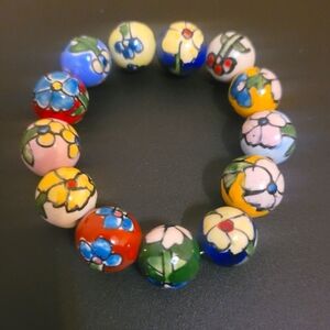 Hand Painted Floral Ceramic Bead Stretch Bracelet -  Boho Style